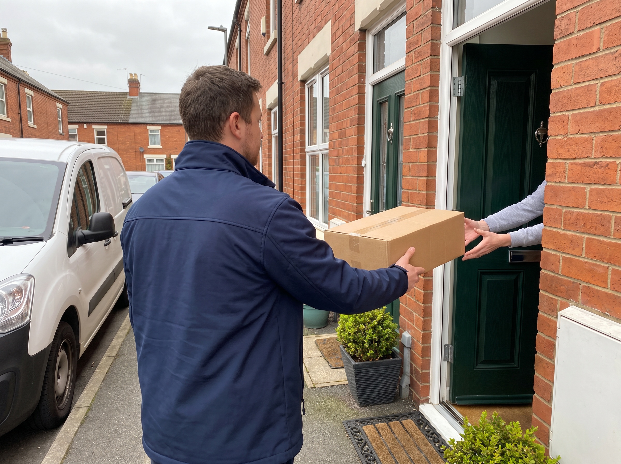 A courier handing a parcel to someone at their front door