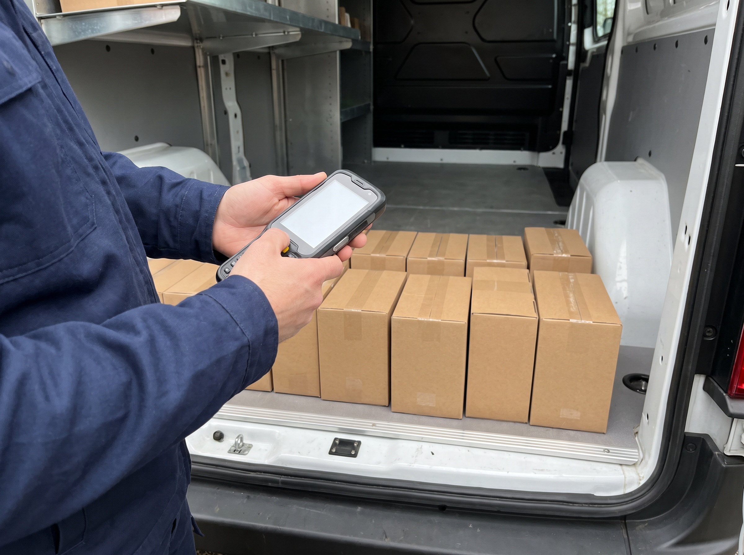 A courier scanning parcels in the back of a van